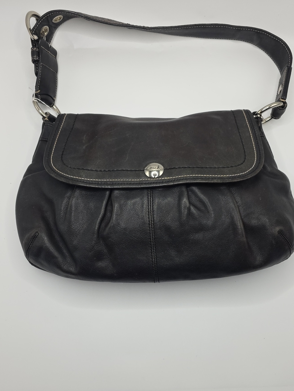 Coach Soho Pleated Black Leather Flap Shoulder Bag with Silver Hardware